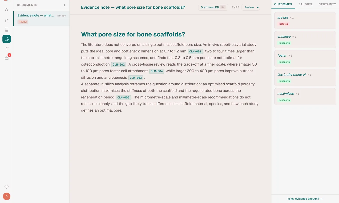 The Catamaran editor: a grounded evidence note with inline claim citations and the knowledge-base panel.