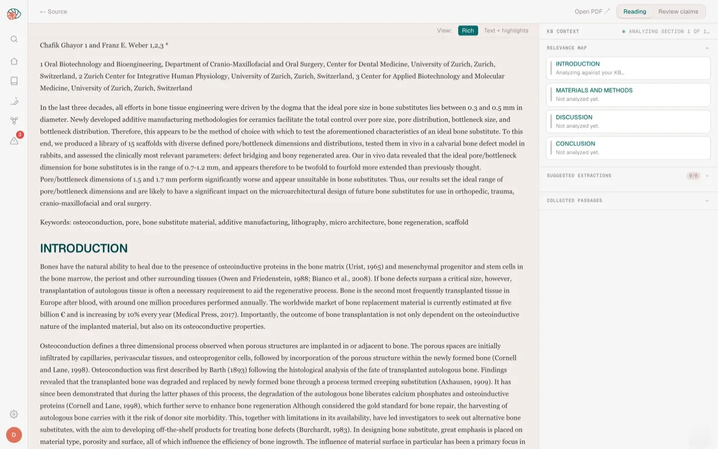 Catamaran reading view: a rendered paper with the knowledge-base relevance map and suggested extractions.